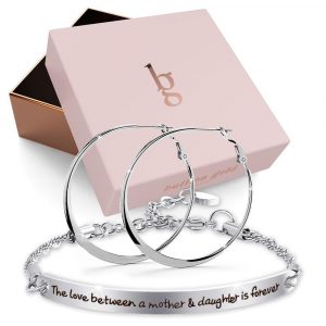 Boxed Mother's Love Inscriptions Bar Bracelet & Semi Flattened Hoop Earrings Set in White Gold