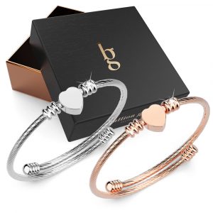 Boxed Heart Motif Charmed 2 Pc Bangle in Rose and White Gold