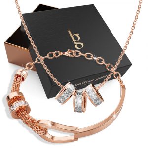 Boxed Knot Rose Gold Stainless Steel Bracelet With Triple Charm Slider Necklace