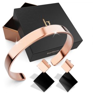 Boxed Geometric Curve Earrings With Classic Cuff Bangle In Rose Gold Set