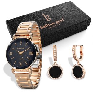 Boxed Black Face Watch & Earrings Set In Rose Gold