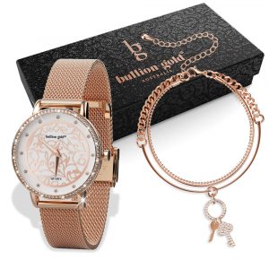 Boxed Bullion Gold Elite watch and Bracelet Set Embellished with Crystals in Rose Gold