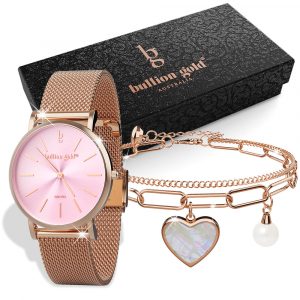 Boxed Rose Shell-pink Watch & Bracelet Set In Rose Gold