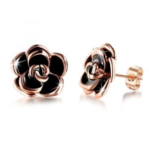 Tia Black Rose Flower Stud Rose Gold Layered Earrings