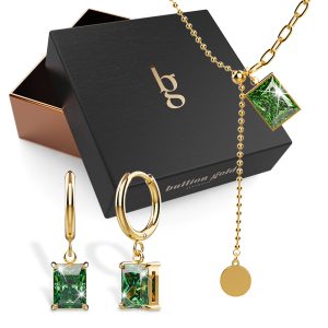 Boxed Valerie Emerald Dangly Pendant Necklace and Hoop Earring Set