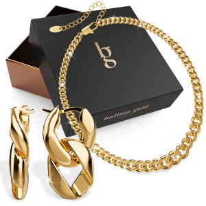 Boxed Odell Gold Cuban Chain Necklace and Hoops Earring Set
