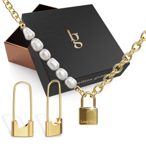 Boxed Dainty Lock Earrings and Pearls Lock-Pendant Necklace Set in Gold Layered