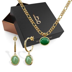 Boxed Green Aventurine Luminary Necklace and Hoop Earrings Set in Gold