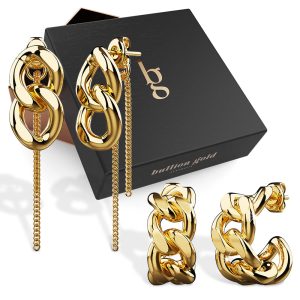 Boxed 2 Pairs of Golden Chainlink Drop and Stud Earrings Set