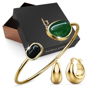 Boxed Aysu Droplet Hoop Earrings & Agate Stone Cuff Bangle Set in Gold