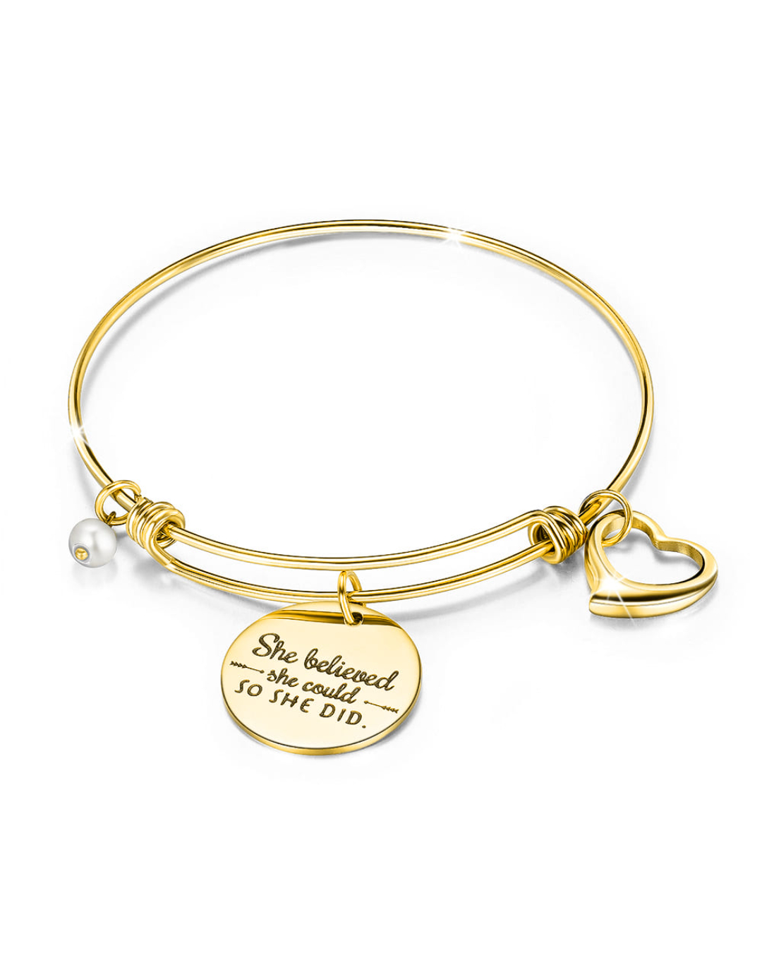 She Believed She Could Heart Charm Gold Layered Tubular Adjustable Inspirational Bangle