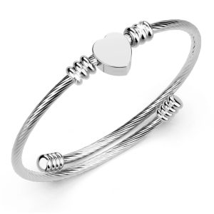 Heart Motif Charmed Stretched Spiral Coil Bangle White Gold Layered Titanium