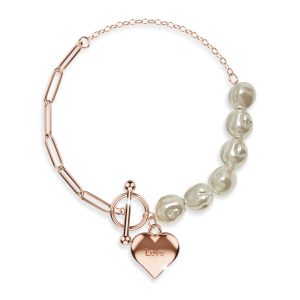 Pearl Paper Clip Chain Heart Rose Gold Layered Stainless Steel Bracelet