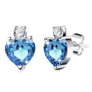 My Amore Blue Love Heart White Gold Layered Stud Earrings