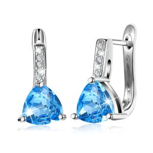 Stunning Blue Zirconia Triangular Latchback White Gold Plated Earrings