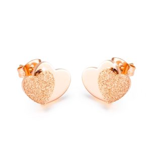 Glittery Heart Stud Rose Gold Layered Earrings