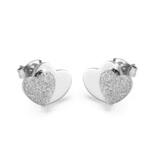 Glittery Heart Stud White Gold Layered Earrings