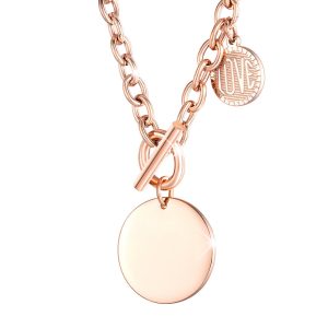 Round Pendant Toggle Clasp Necklace in Rose Gold Layered Steel Jewellery