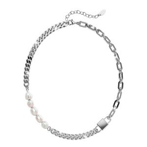 Paperclip Cuban Chain Link Pearl Necklace in White Gold