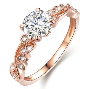 Vintage Inspired Solitaire CZ Stones Accent Setting Rose Gold Layered Band Ring
