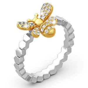 Yellow Honey Bee Sparkle White Gold Layered Band Ring