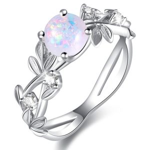 Fancy Cabochon Imitation Opal and CZ White Gold Layered Band Ring