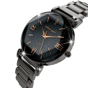 Bullion Gold Romish Watch Embellished with Glittering Crystals - Black and Rose Gold