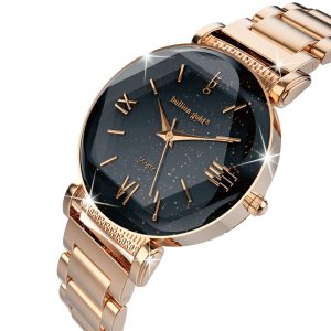 Bullion Gold Romish Watch Embellished with Glittering Crystals - Rose Gold and Black